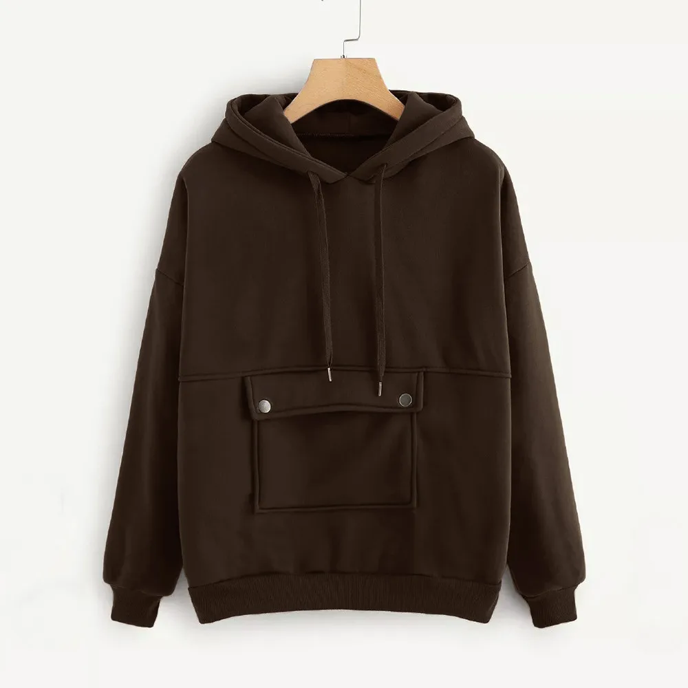 

2019 Womens Hoodie Autumn Loose Long Sleeve Brown Color Bockets Hooded Sweatshirt Pullover Blouse L0724
