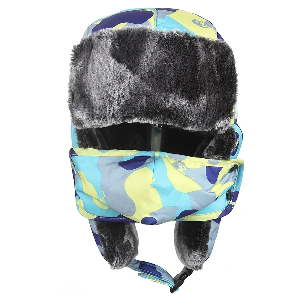 Новые зимние детские разноцветные камуфляжные меховые шапочки с масками для мальчиков и девочек