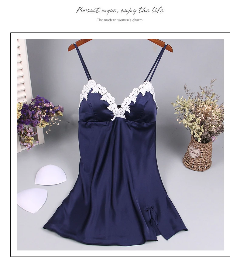 

Ladies Sexy Silk Sleepwear Satin Nightgown V-neck Nightdress Slip Nighties Summer Nightdress Lace Night Gown For Women chest pad
