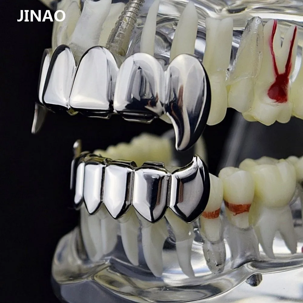 JINAO золото посеребренные хип-хоп ЗУБЫ Grillz верхние и нижние грили набор с силиконовым настоящим блестящим вампирский зуб гриль-наборы