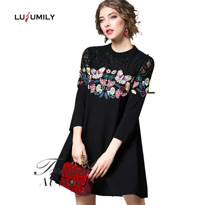 

Lusumily 2019 Spring Autumn Black Hollow Out Women Dress Butterfly Embroidery Casual Dresses Lace Long Sleeve Mujer Vestidos