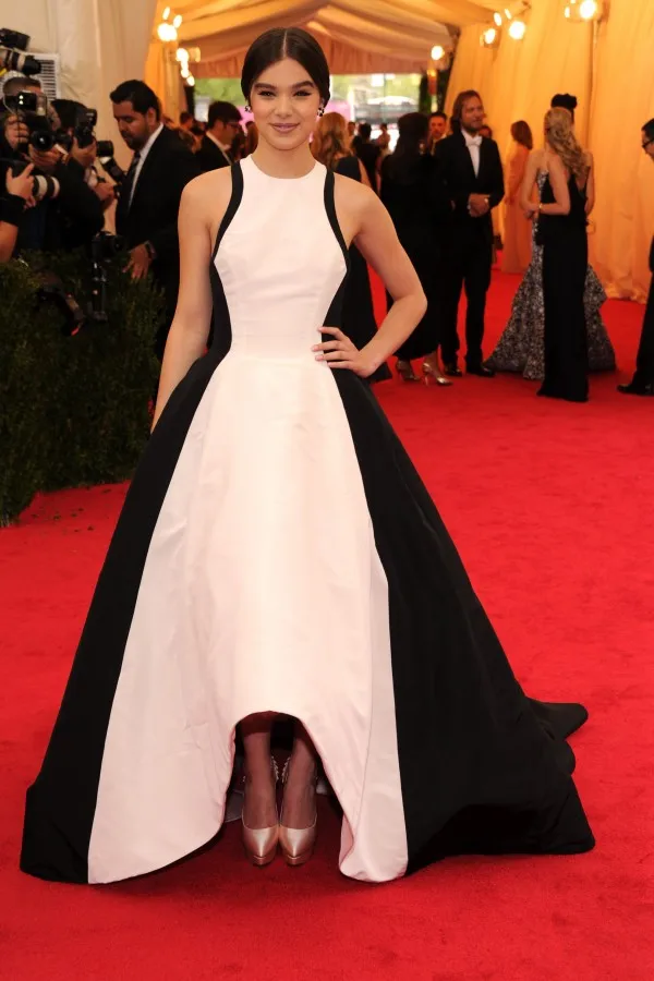 

A-Line Unique white&black asymmetrical formal evening gown hailee steinfeld met gala new york red carpet prom dresses 2016