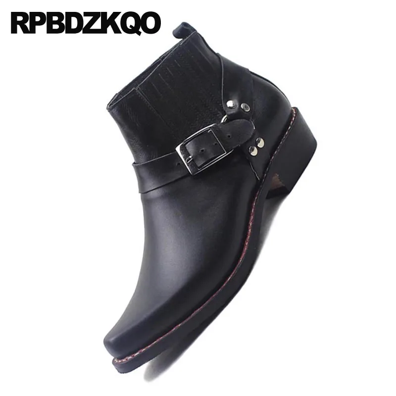 Mariage En Carré Taille Chaussures Robe Pleine Bout Hommes Formelle De Plus Top Bottes Haute Cheville Harnais Chaussons Fleur Noir La Chunky Réel Cuir OkwPn0