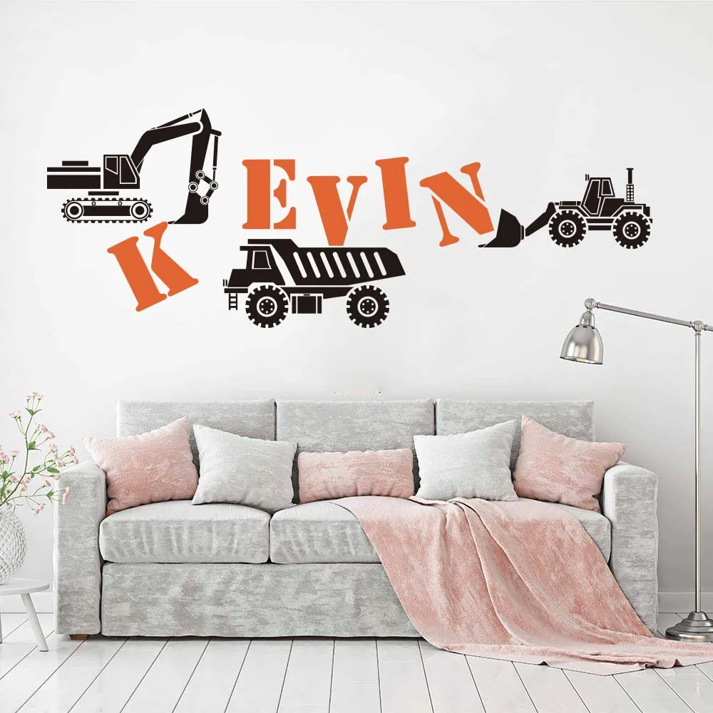 Custom Name Construction Truck  Bulldozers Wall Sticker Boy Room Bedroom Personalized Name Construction Crane Wall Decal Vinyl  (6)