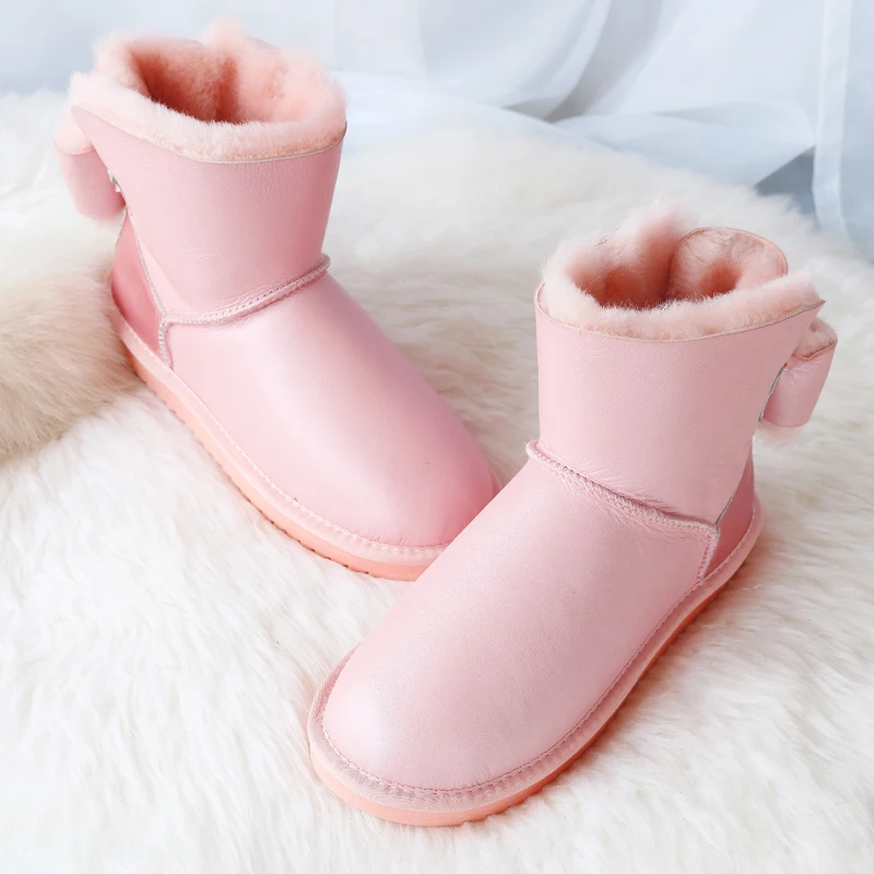 

G&Zaco Luxury Brand Sheepskin Boots Sweet Pink Waterproof Ankle Snow Boots Women Winter Sheep Fur Natural Wool Flats Boots
