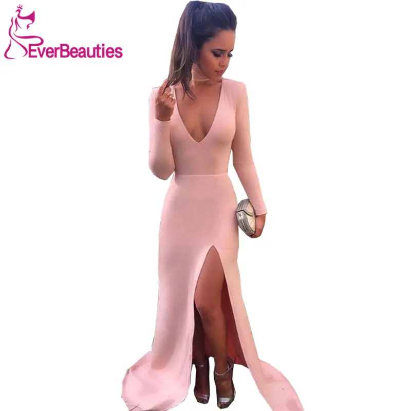 

Abendkleider 2019 Evening Dress V-Neck Evening Gown Long Sleeves Side Slit Formal Dress Robe De Soiree