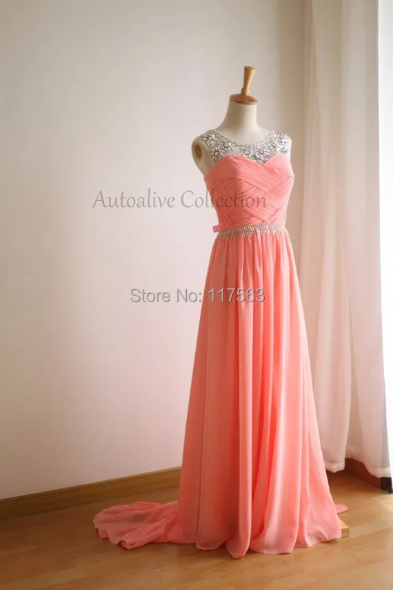 Hot Sale Coral Pink Chiffon Simple Bridesmaid DressProm Dress V Back Sheer Beading Neckline Free Shipping 99 (3).jpg