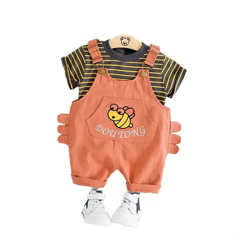 

Baby Cotton Clothing Set Short Sleeve Striped T-shirt+Suspender Infant Overalls Cute Prined Cartoon Bee For Kids Summer