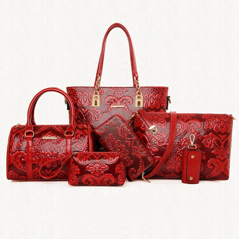 6 Pcs font b Set b font Pu Leather Embossing Composite Bag Chinese Styles Women font