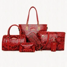 6 Unids/set Pu Cuero Repujado Bolsa Compuesta Estilos Chinos Mujeres Mensajero Bolso de La Manera Bolso de Hombro Monedero de La Cartera ST05