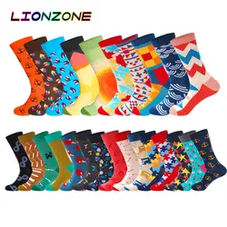 LIONZONE Новое поступление высокое качество мужские хлопковые носки с цветной полосатый книги по искусству жаккардовые формы Весна Happy