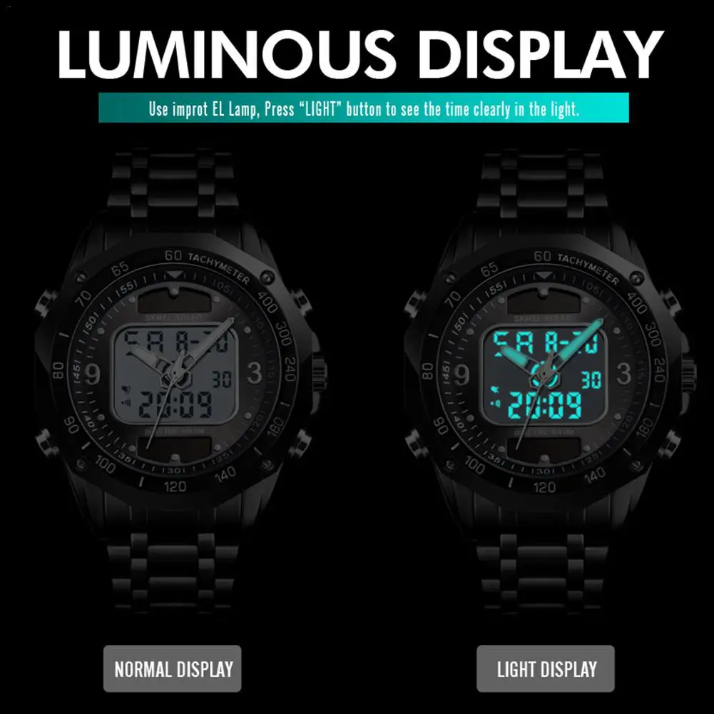 Skmei электронные часы на солнечной батарее с двойным дисплеем, 30 м, водонепроницаемые светящиеся указатели со стальным ремешком, цифровые секундомеры, лучший бренд, роскошные 1493