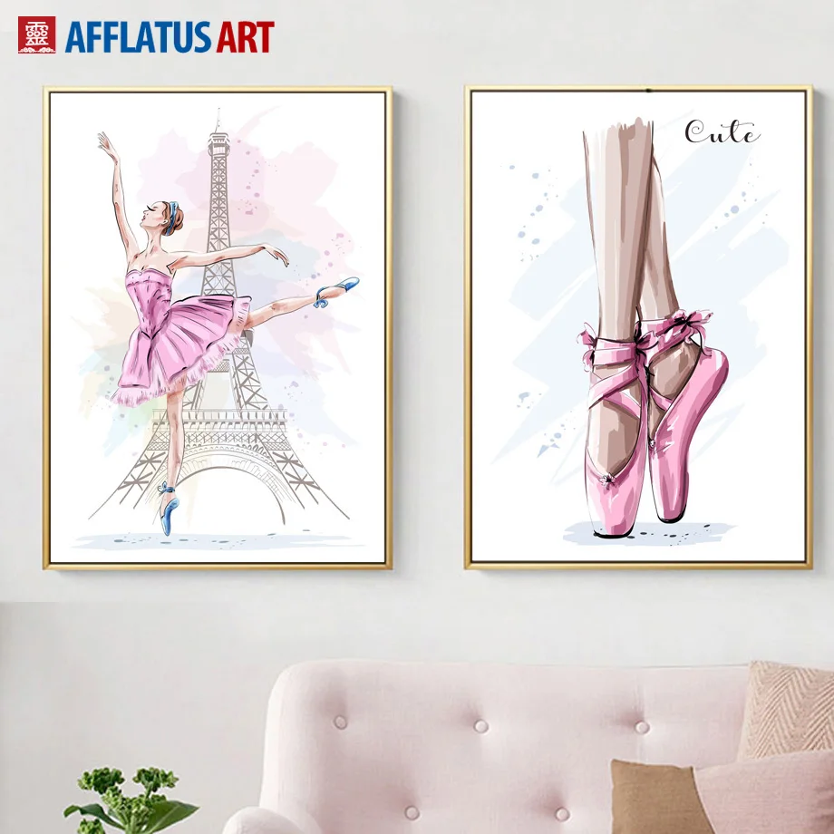 

Paris Tower Pink Ballet Girl Watercolor Nordic Posters And Prints Wall Art Canvas Painting Wall Pictures For Living Room Decor