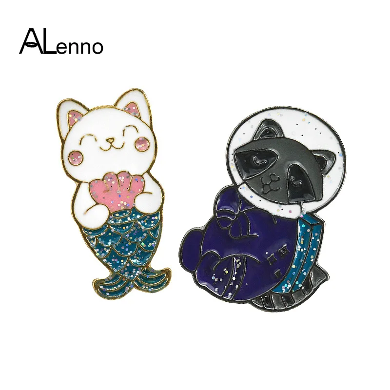 

Enamel Sequins Cute Astronaut Raccoon Mermaid Cat Metal Pins Badges For Backpack Anime Animal Brooches For Women Cartoon Jewelry