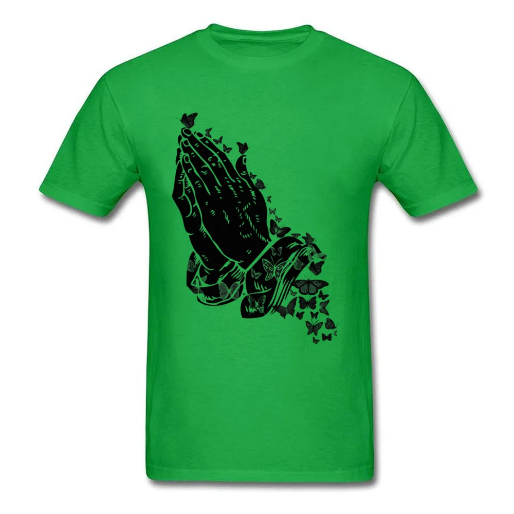 Praying hands and butterflies Crazy T-Shirt for Male 100% Cotton Summer Tops T Shirt Tee Shirt Short Sleeve Brand Crew Neck Praying hands and butterflies green