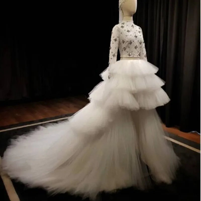 Элегантная белая многослойная Асимметричная Тюлевая Свадебная юбка с оборками и высокой талией, юбки для официальных вечеринок, Длинные тюлевые юбки-пачки с высокой талией