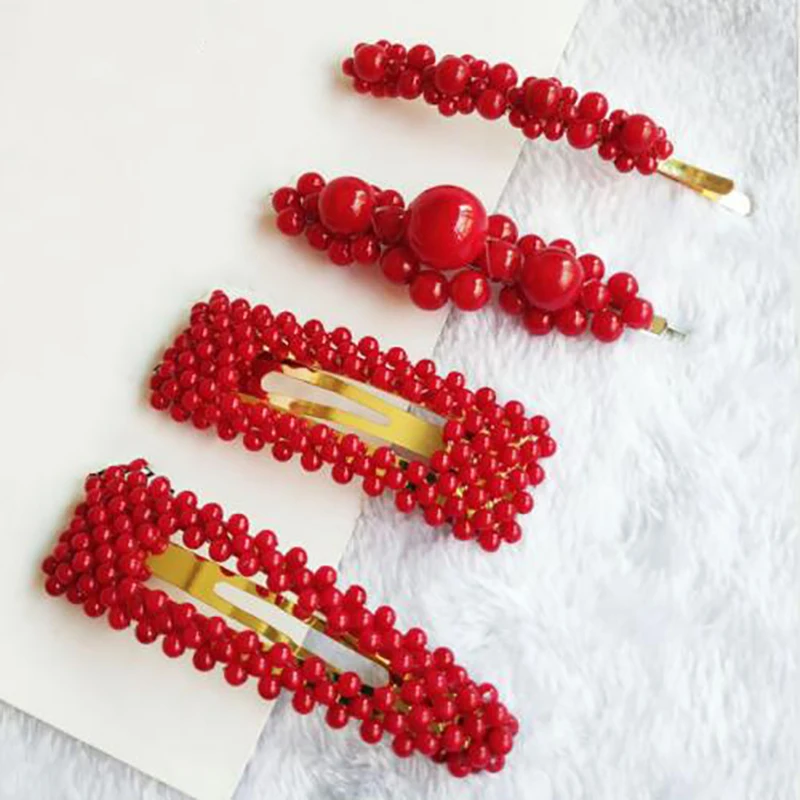 

Fashion Women Metal Geometric Red Color Hair Clip Pearl Hairpins Barrettes Snap Stick Hairpin Hair Accessories
