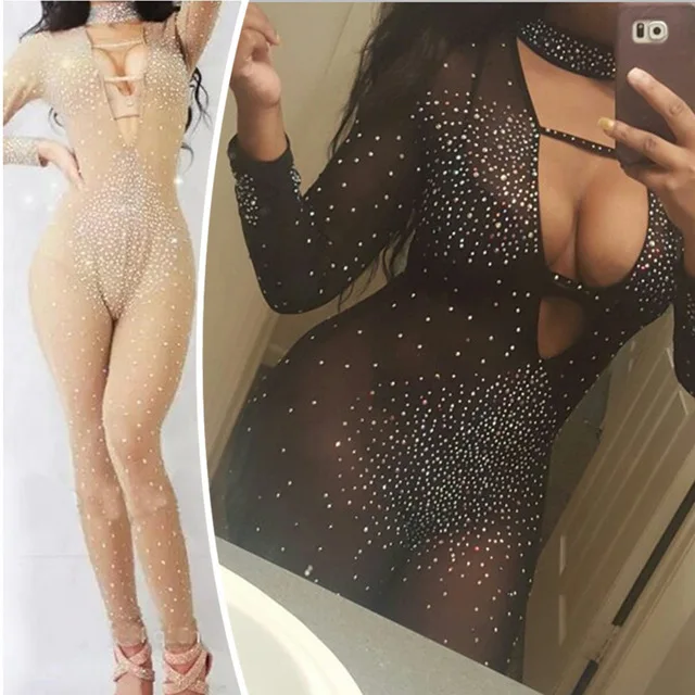 

Sexy long sleeve Black and Nude stretch Mesh Deep V-Neck Crysta Jumpsuit Rompers Jumpsuit Womens jumpsuit playsuit