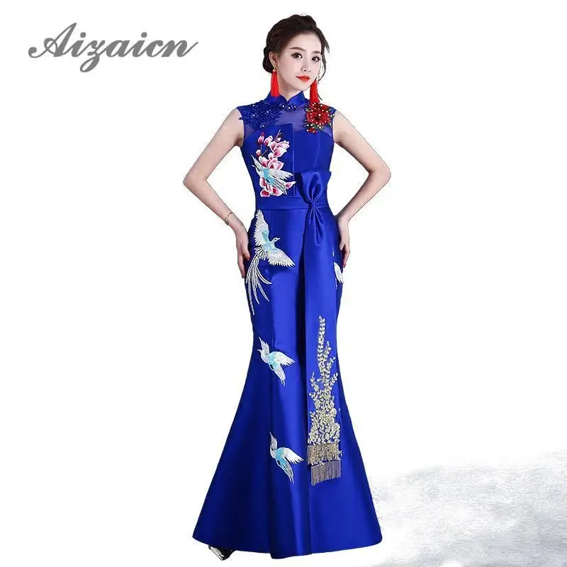 

Royal Blue Mermaid Long Evening Dresses Scoop Appliques Sleeveless Chinese Vintage Dress Satin Cheongsam Oriental Wedding Gowns
