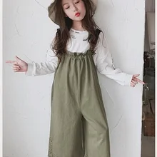 Одежда для детей новые осенние однотонные модели для девочек, модные широкие штаны на бретелях для больших детей повседневные штаны