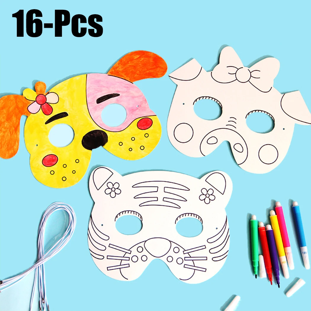 16PCS Party Mask Creative Cartoon DIY Blank Painting White Mask Costume Mask With Color Pens New Arrival