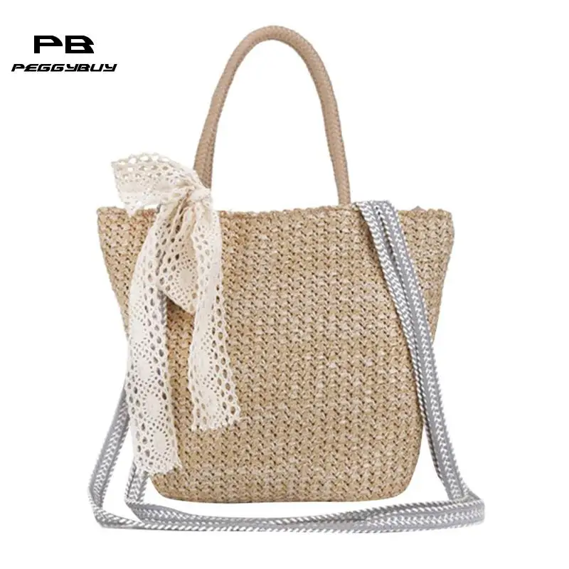 Retro Bow Designer Straw Bags Summer Travelling Beach Totes Rattan