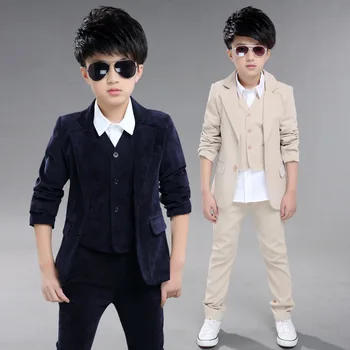 

2018 wedding Boys suit Outfits Autumn blue/khaki Clothing sets Boys blazer suit Corduroy Occasion Formal Suits jacket+vest+pants