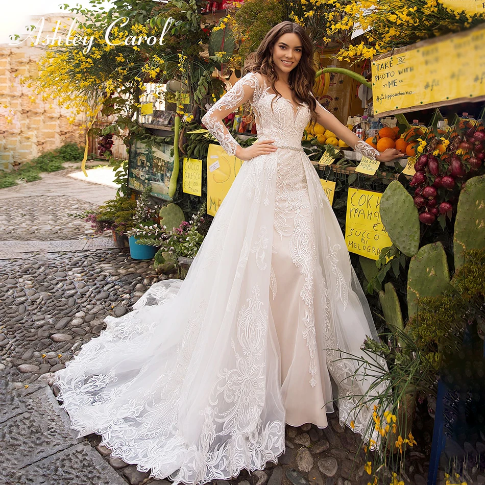 Ashley Carol сексуальное свадебное платье Русалка милое кружевное платье с длинным рукавом со съемным шлейфом иллюзионное платье невесты Vestido de Noiva