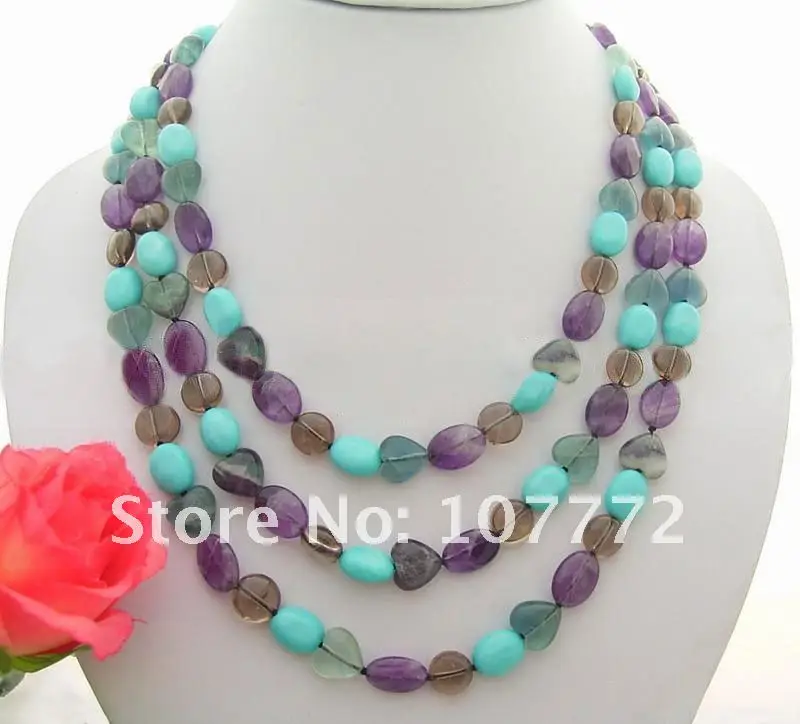 

52" Blue Semi-precious Stone&Purple Crystal&Smoky Crystal Necklace