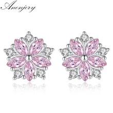 Anenjery, 925 пробы, серебряные, розовые, прозрачные, Кристальные, циркониевые, цветущая вишня, цветок, серьги-гвоздики для женщин, девушек, brincos S-E566