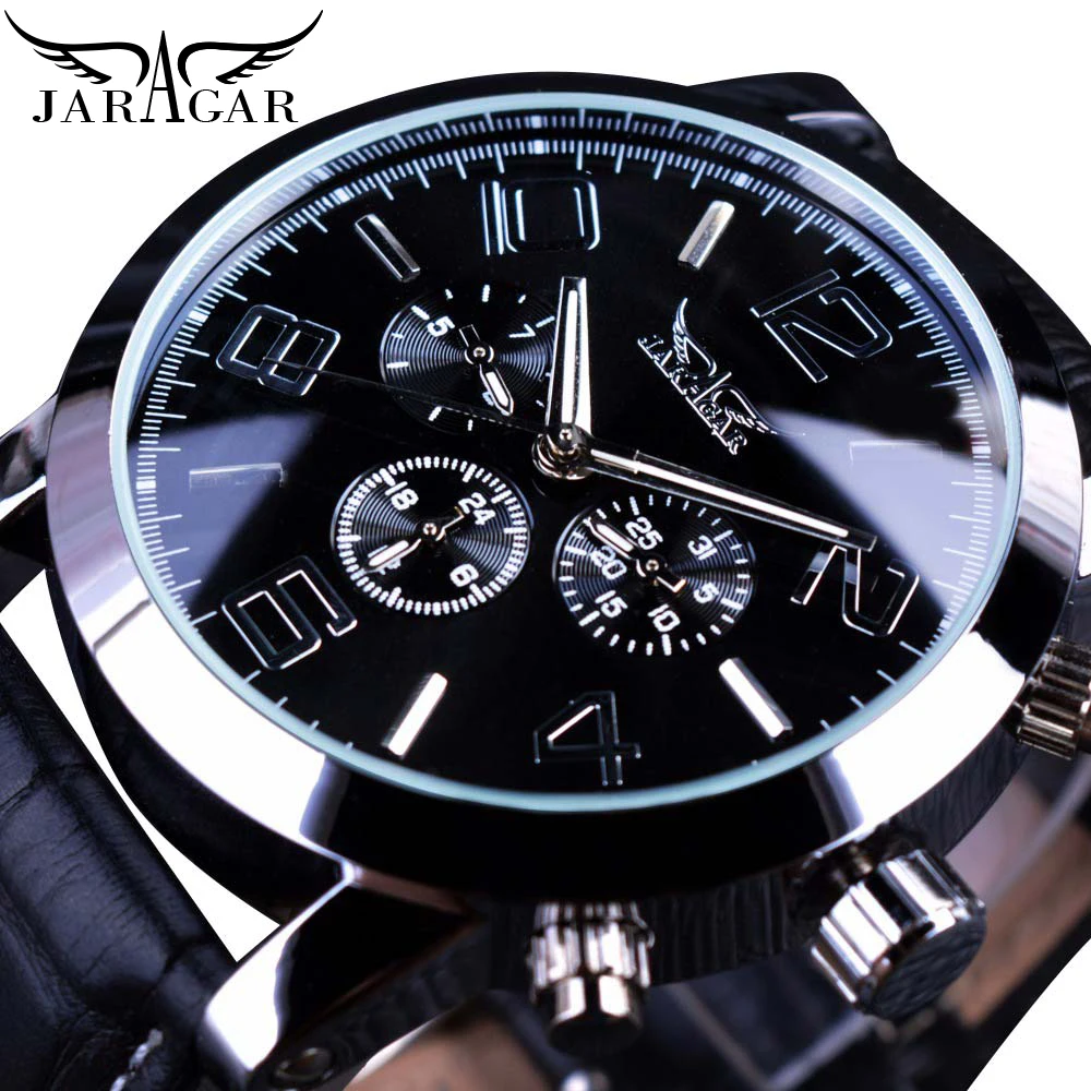 Jaragar Original Brand Mens Watches Automatic Watch Self-Wind Date 3 Dials Fashion Men Mechanical Wristwatch Leather Strap Clock