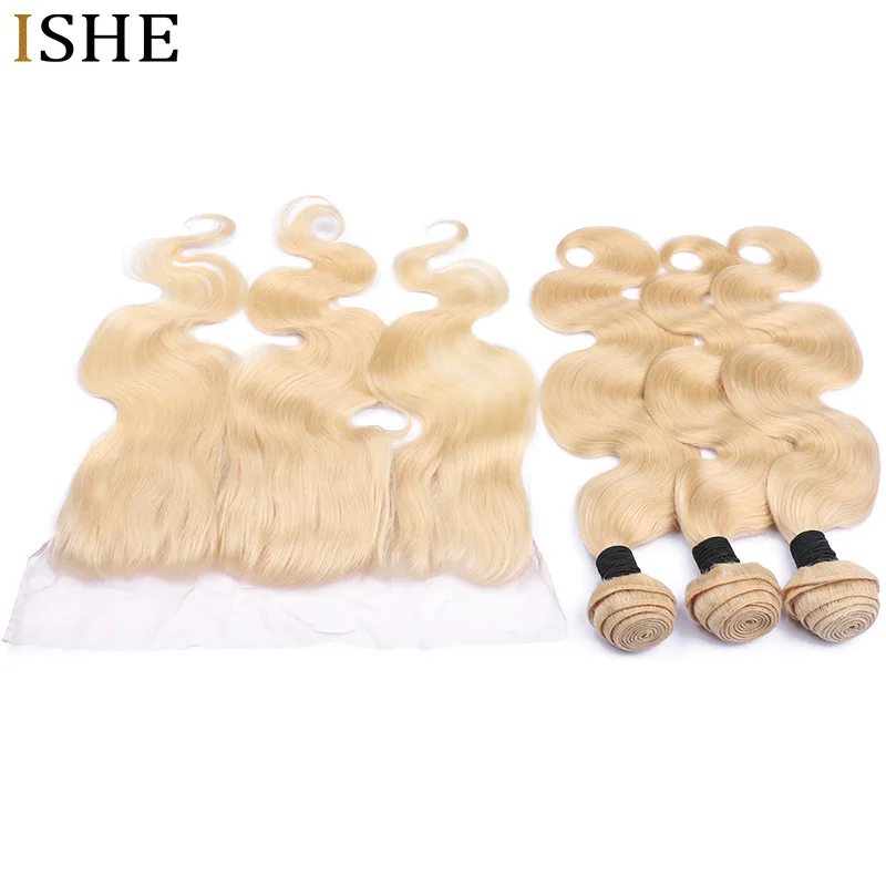ISHE 613 Blonde Bundles With Frontal Brazilian Body Wave With Frontal Remy Blonde Human Hair Lace Frontal Closure With Bundle