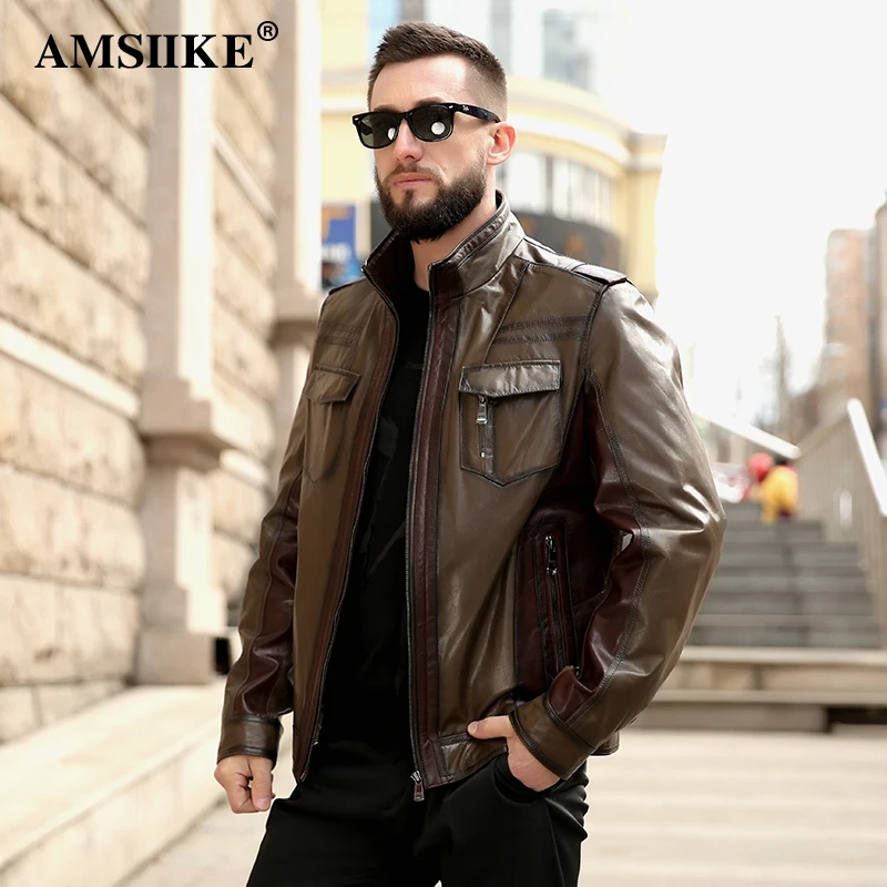 

AMSIIKE Autumn 2019 Men Genuine Leather Jacket Sheepskin Coats Zippers Pockets Two Colors Locomotive Jacket Uomo A1128 M-8XL