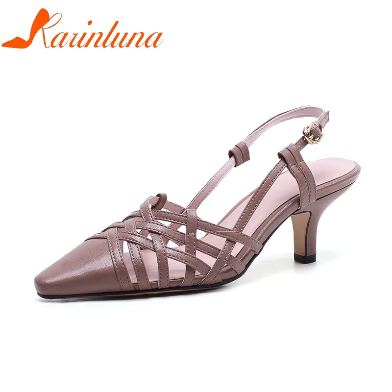 

KARINLUNA 2018 Summer Sexy Overall Genuine Leather Women Sandals Fashion Brand Breathable Pointed Toe Shose Woman High Heels