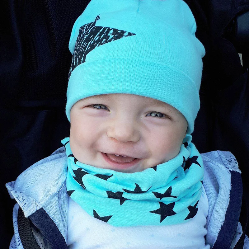 

2019 New Children Cotton Blend Caps Scarf Sets Fashion Beanies Star Print Spring Autumn Winter Kids Girls Hats Boys Photo Props