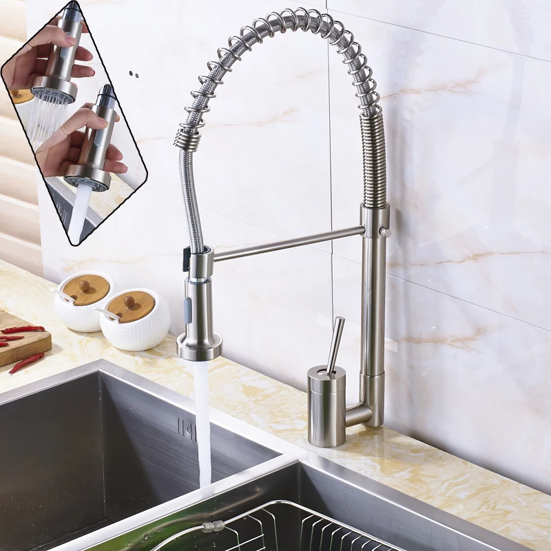 Brushed Nickel Pull Down Sprayer Ktichen Sink Faucet Single Lever