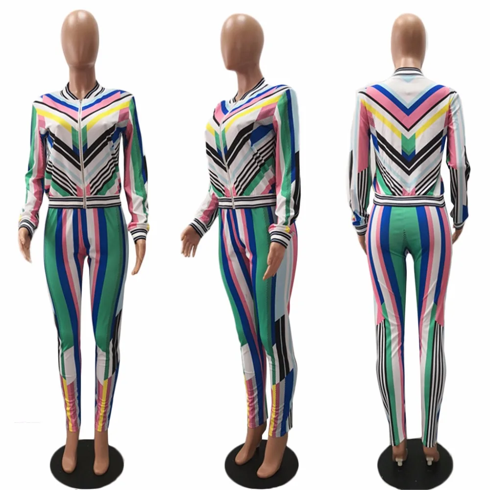 Multi Color Striped Fashion Woman Bodycon Suits Two Pieces Front Zipper Down Long Sleeve Tops Skinny Pants Set Plus Size XL