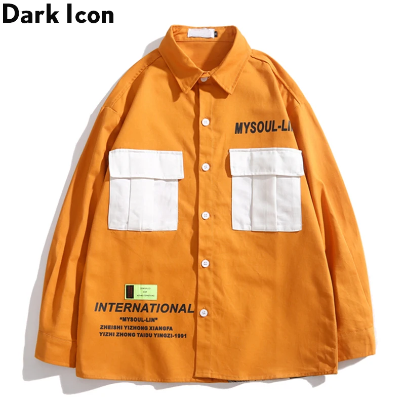 

Dark Icon Character Printed Color Contrast Pocket Men's Shirt Hip Hop Shirts Men Long Sleeve Streetwear Clothing