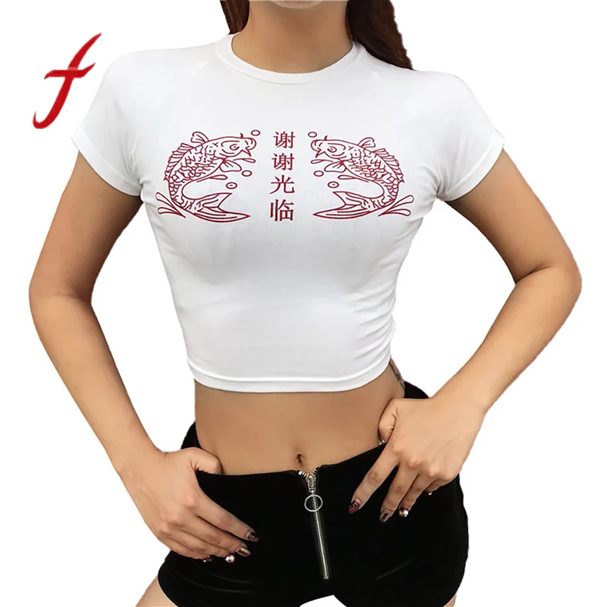 

FeiTong women tshirt new arrival O-neck short short-sleeved chest with two fish middle letters printed Chinese style shirt whips