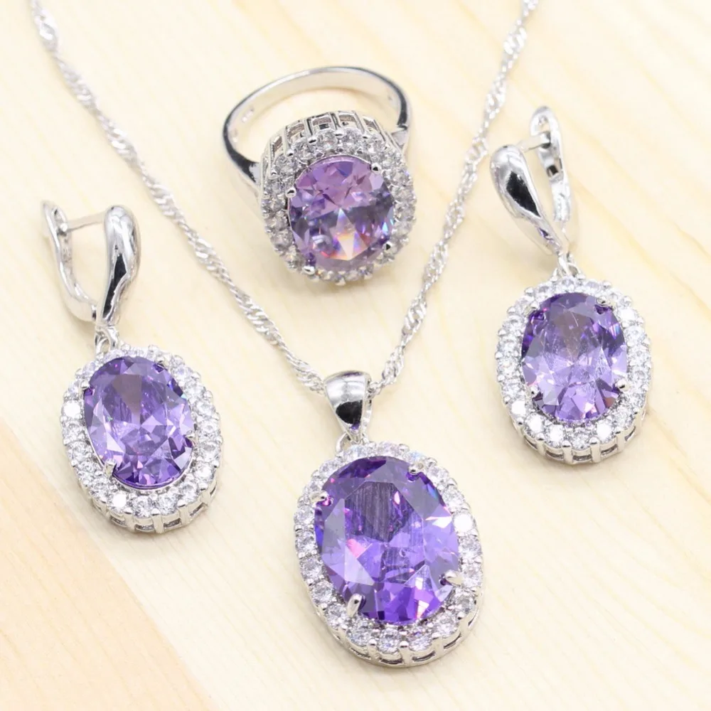 Женские полудрагоценные камни Ювелирные Наборы Фиолетовый овальной формы Обручальное Кольцо Серьги Кулон ожерелье цепь наборы для подарка