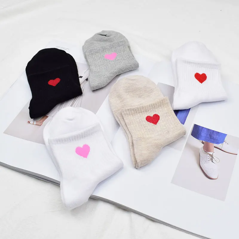 

New 2019 Women Socks Short Cotton Solid Female Harajuku Cute Red Heart Printed Lady Casual Meias College Literary Fresh Sokken
