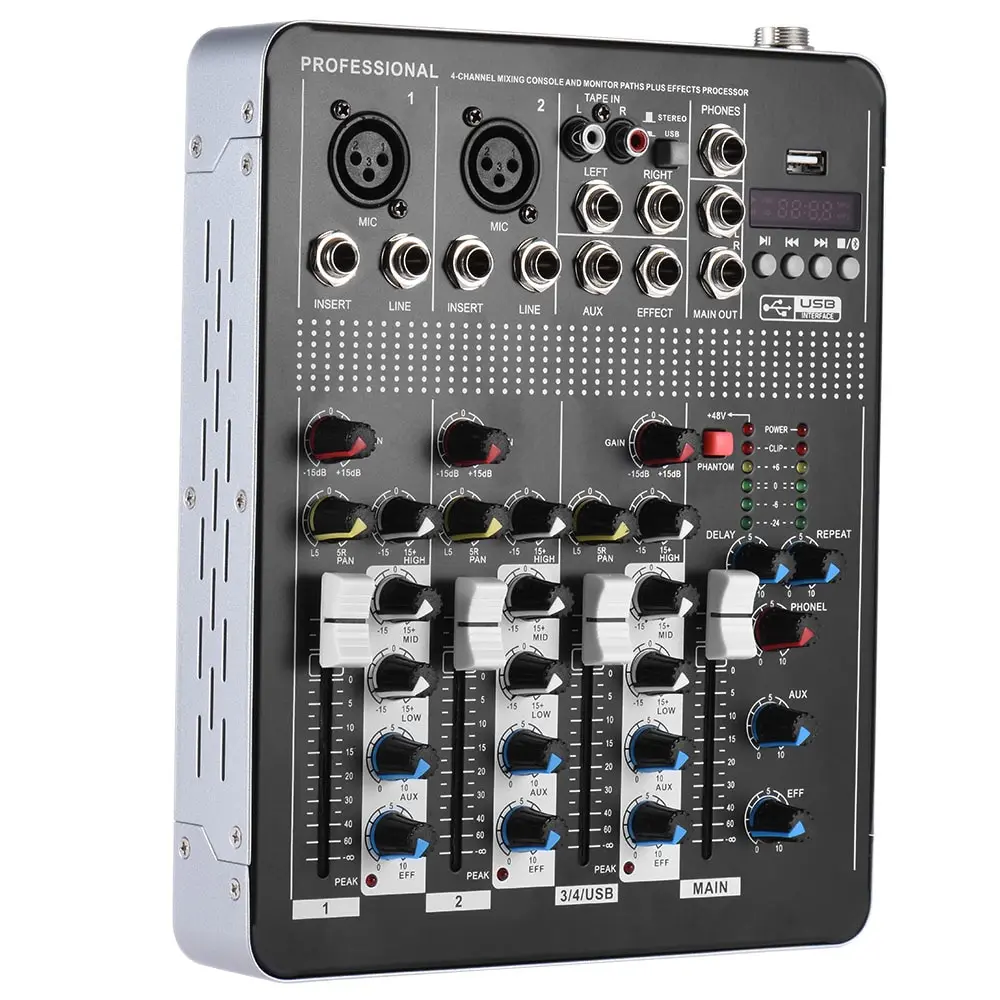 

Professional 4-Channel Mic Line Audio Mixer Mixing Console with 3-band EQ 48V Phantom Power USB Interface