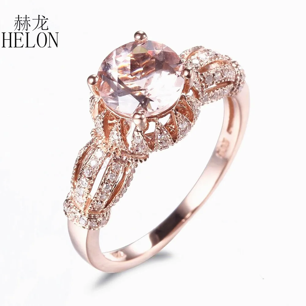 

HELON HELON 7MM Round Morganite Gemstone Ring Solid 14K Rose Gold Engagement Wedding Fine Diamonds Ring Elegant Trendy Jewelry