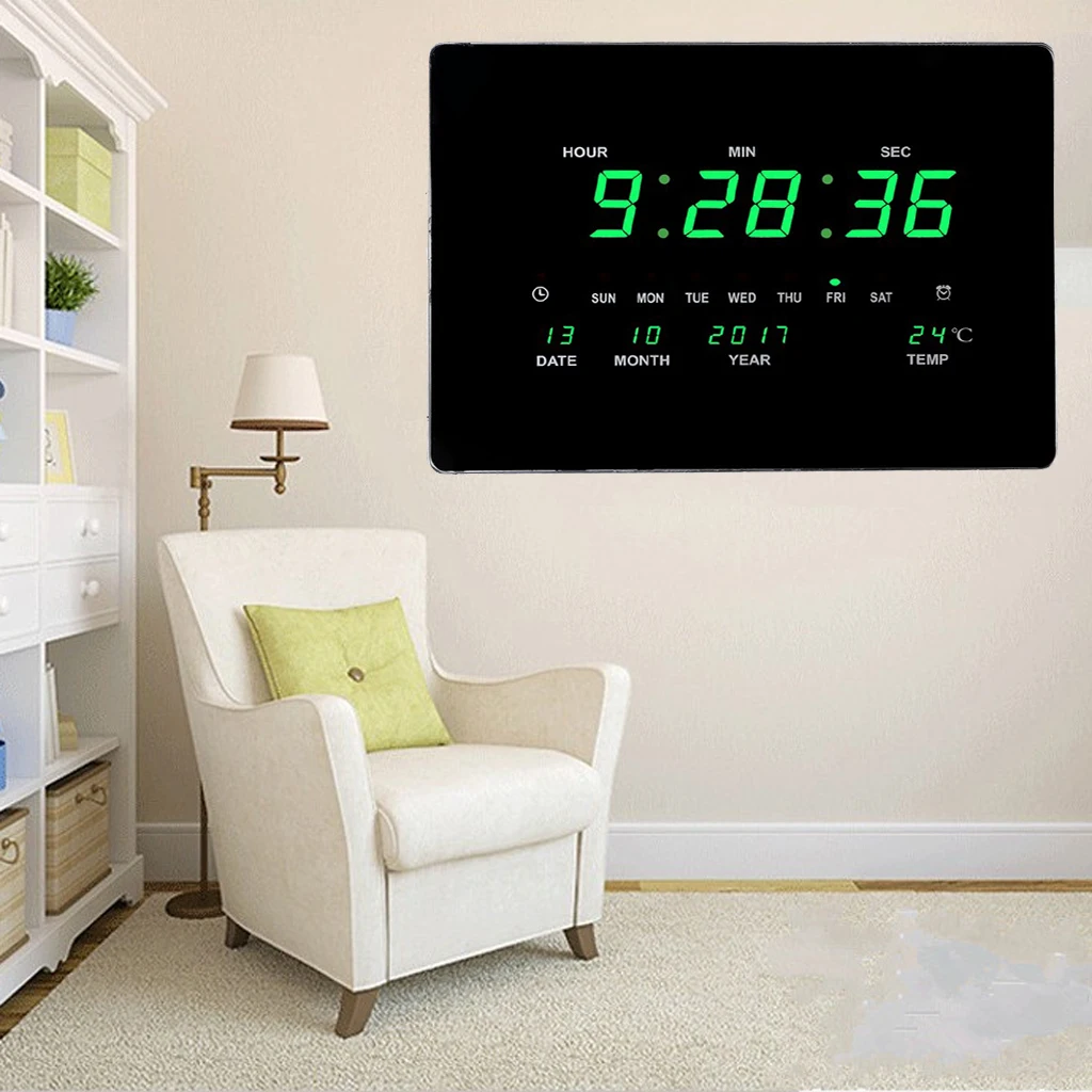 Home Office LED Clock With Indoor Temperature Reader Date Calendar Day Kitchen Livingroom Wall Mounted Large Screen Wall Clock