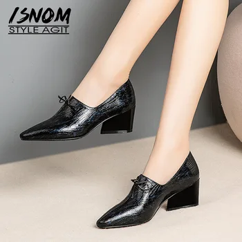 

ISNOM Print Cow Leather Pumps Women Bow-Knot Pumps Office Shoes Female Fashion Pointed Toe OL Shoes Women Autumn 2019 New
