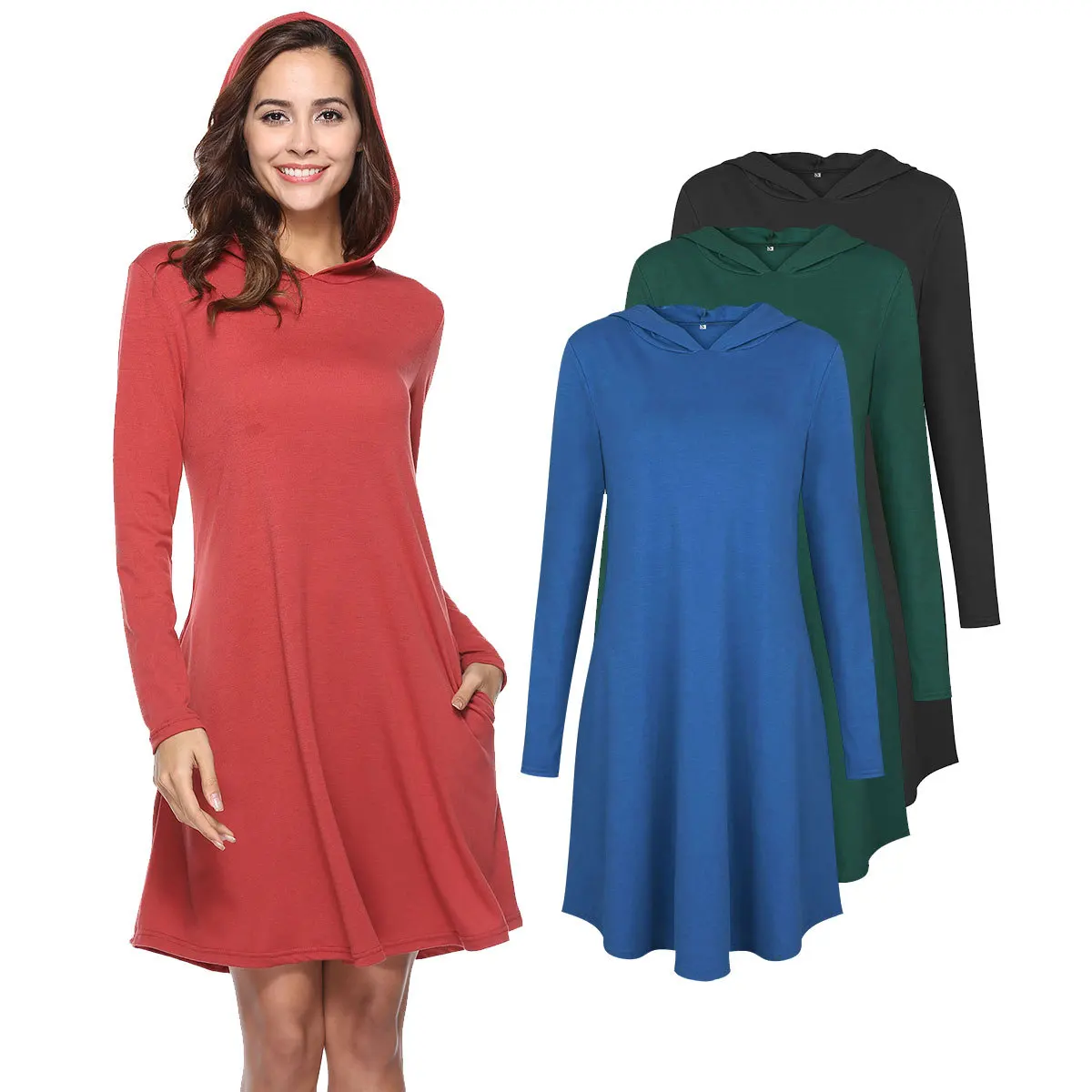 Autumn Winter Women Long Sleeve Hooded Sweatshirt Dress Knee Length