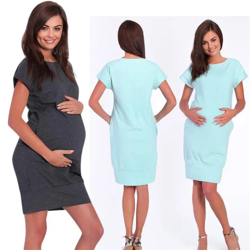 

BMF TELOTUNY Maternity Polyester Women Pregnant Short Sleeve Dresses Maternity Solid Pocket Sundress Summer Dress Clothes Feb12