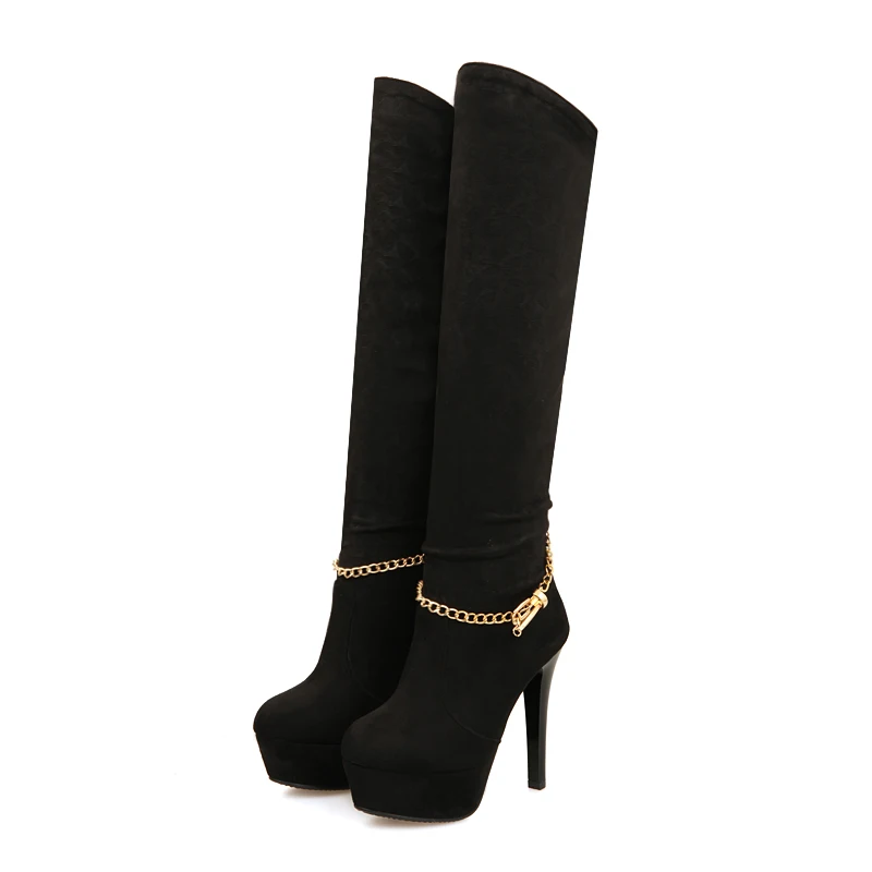 Morazora/обувь на платформе женские ботинки высокие сапоги до колена на высоком тонком каблуке Демисезонные сапоги из искусственного нубука вечерние туфли - Цвет: Черный