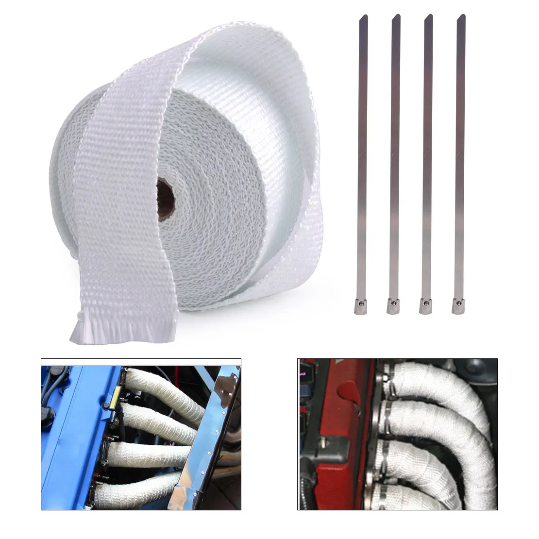 beler 10M Exhaust Pipe Manifold Header Heat Wrap Tape Roll With 4 Metal