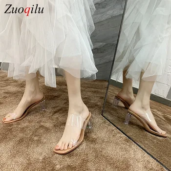 

Transparent Slippers Female Mules Slides Summer Women Shoes Peep Toe Square High Heels Slippers Ladies Shoes Woman 6/9cm